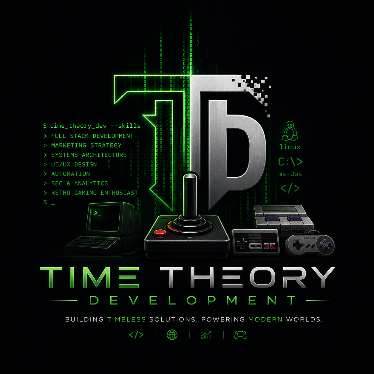 Time Theory Development — TD chrome monogram with retro gaming hardware and matrix rain, wordmark reading Time Theory Development
